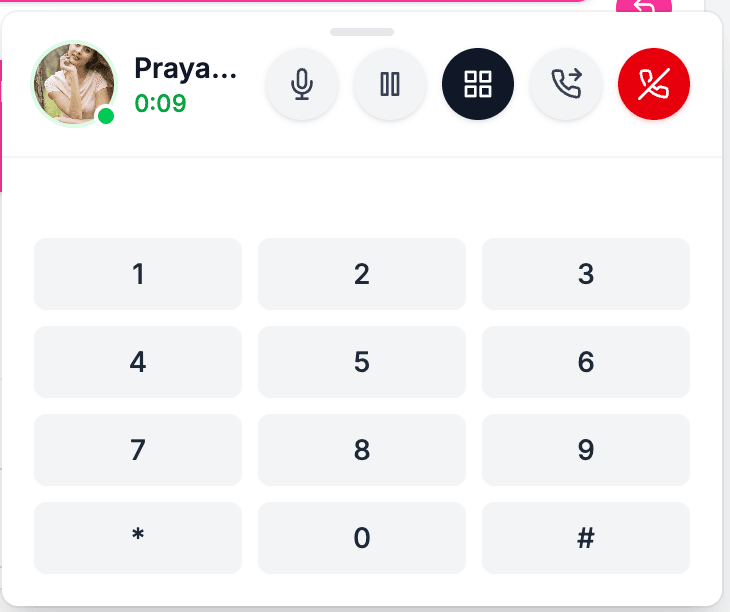 An active call bar in the browser with mute, hold, and dialpad controls