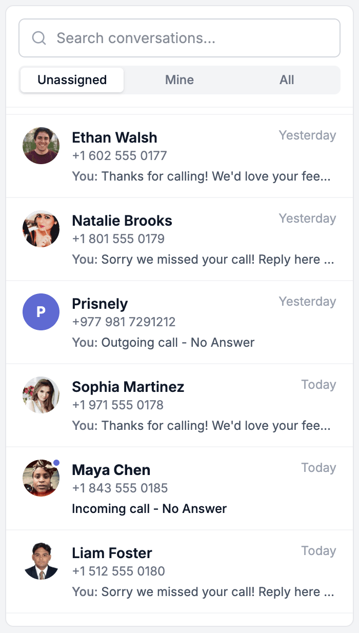 The shared conversation list, filtered to Unassigned, showing every contact the team can claim and reply to